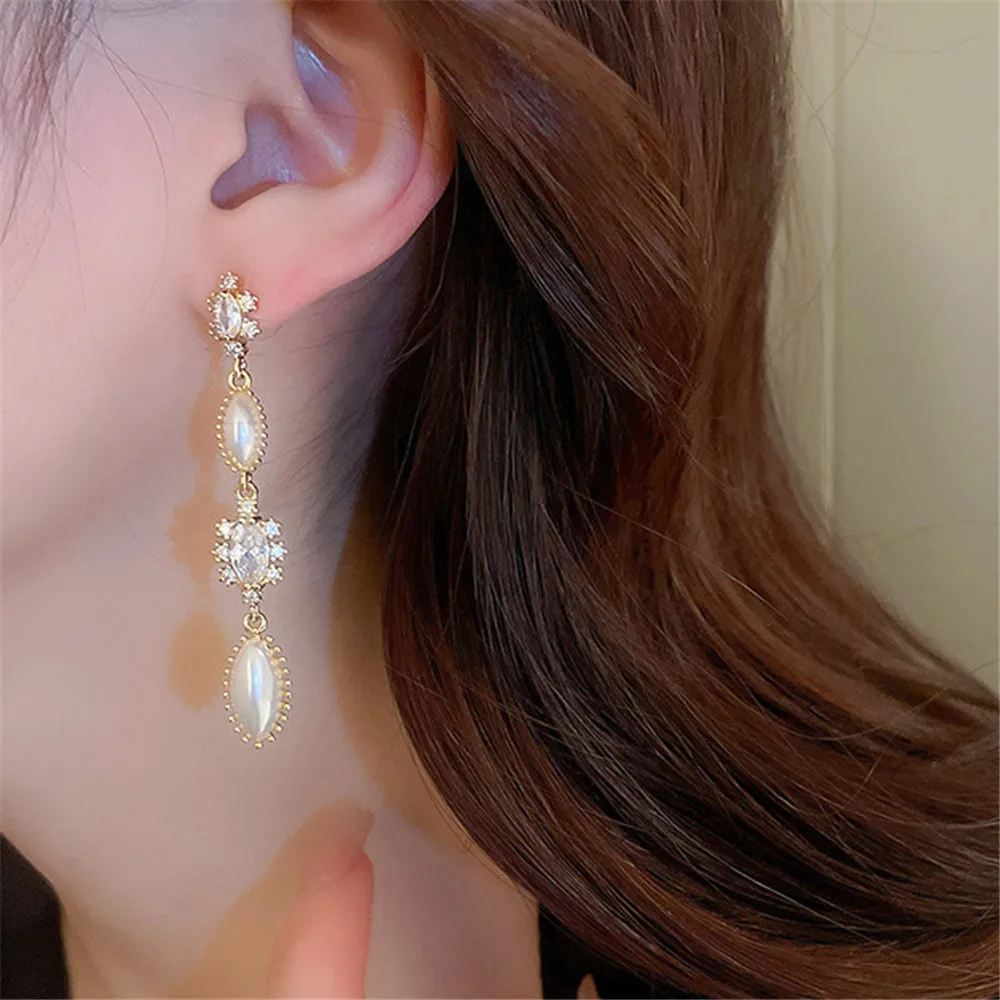 S925 Silver Needle Zircon Oval Long Earring French Luxury Retro Palace Style Earrings Temperament Tassel Earrings Wholesale Girl