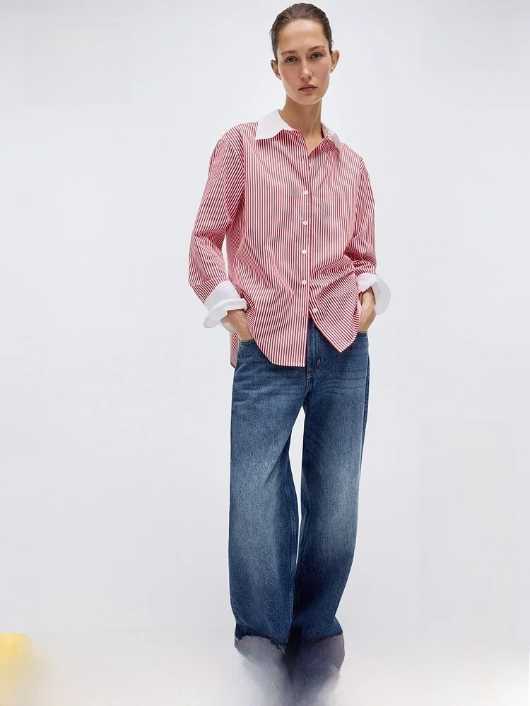 

Женская хлопковая рубашка H&M из поплина: новая летняя модель, трендовый повседневный топ свободного кроя с длинным рукавом на пуговицах