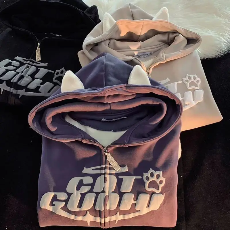 Sudadera con capucha de demonio para mujer, suéter con diseño de orejas de gato, sudadera suelta Coreana de felpa, sudadera con cremallera, y2k,