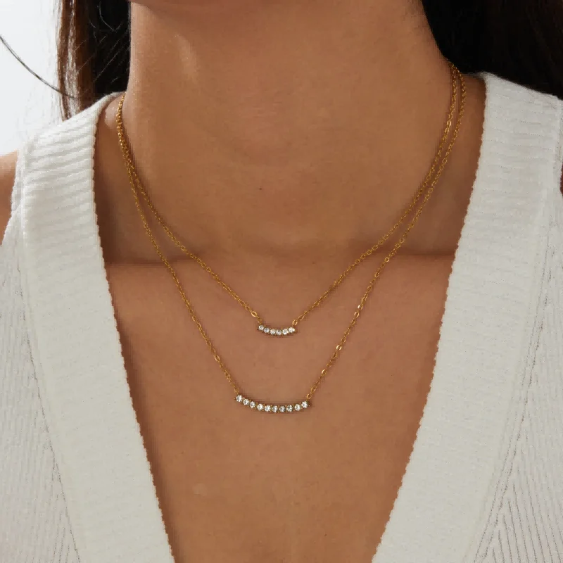 

18K Gold Plated Layered Curved Bar Necklace, Dual Chain with CZ Accents, Stainless Steel Minimalist Statement Jewelry