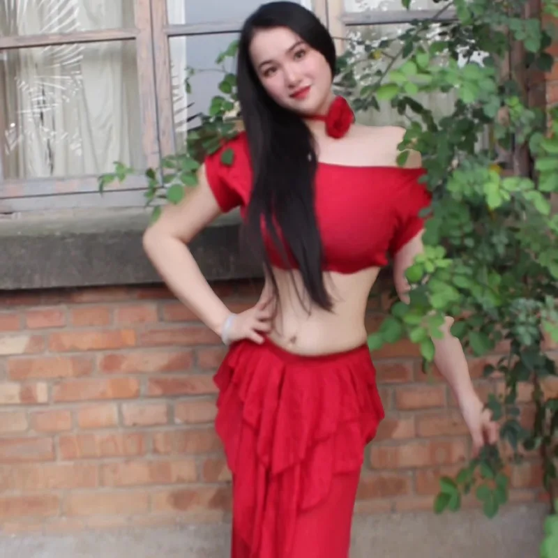 Customized Belly Dance Costume Set Performance Dress Sexy Temperament Practice Clothes Red Fish Tail Skirt Beginner Dancewear