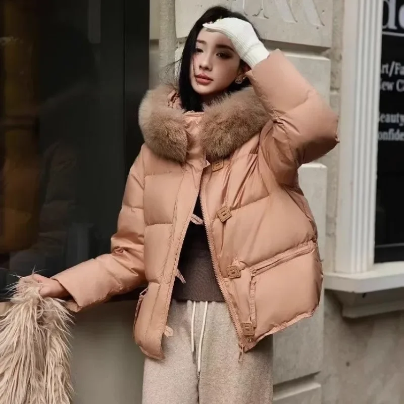 Oversized Fur Collar Down Jacket Winter Hooded Mid-Length Parker Fashion Elegant Loose Thickened 90 White Duck Downs Coat Women