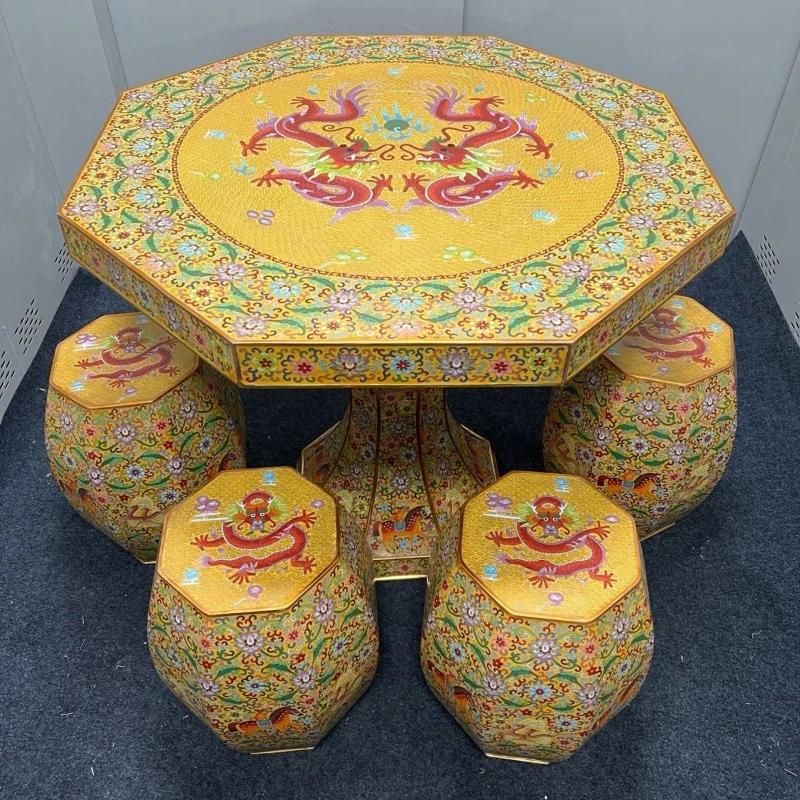 A set of copper silk enamel double dragon play beads octagonal table and stool