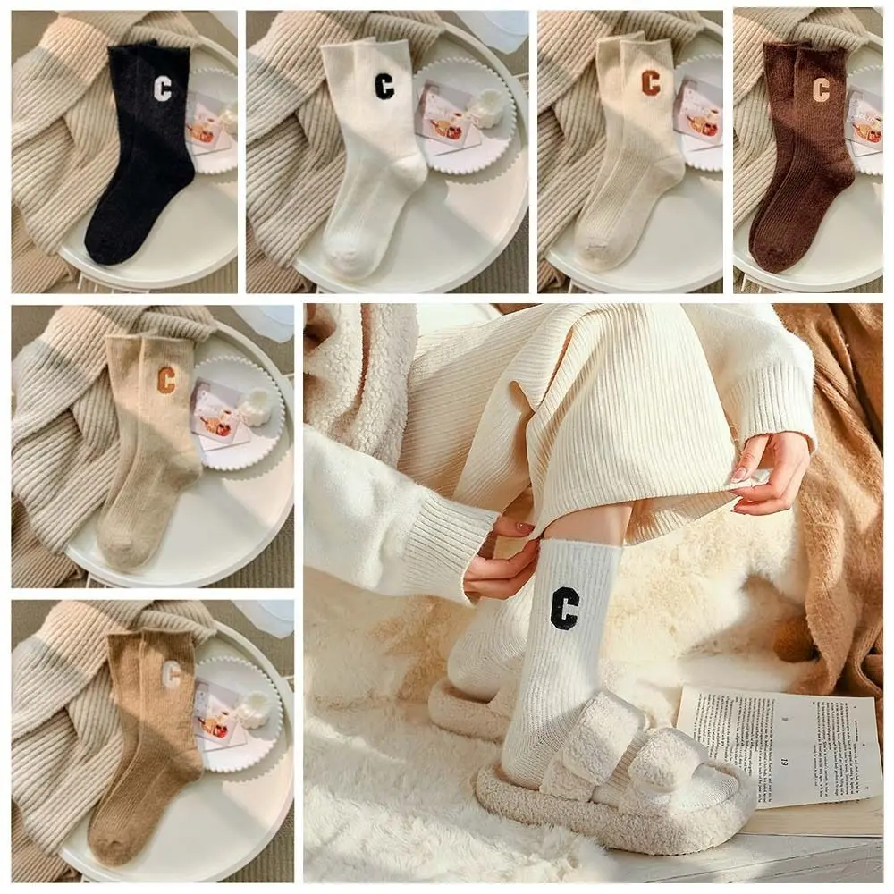 Cartoon Letter C Women Wool Socks Thicken Soft Warm Socks Solid Color Warm Autumn Winter Socks Girls