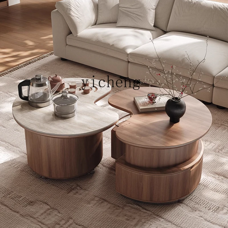 

ZC coffee table living room household round combination sofa side table solid wood tea integrated movable small tea table