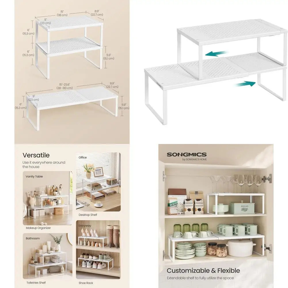 

Pair of Expandable Metal Kitchen Pantry Organizers, Adjustable Spice Racks, Stackable Storage Shelves, Space-Saving, Matte White
