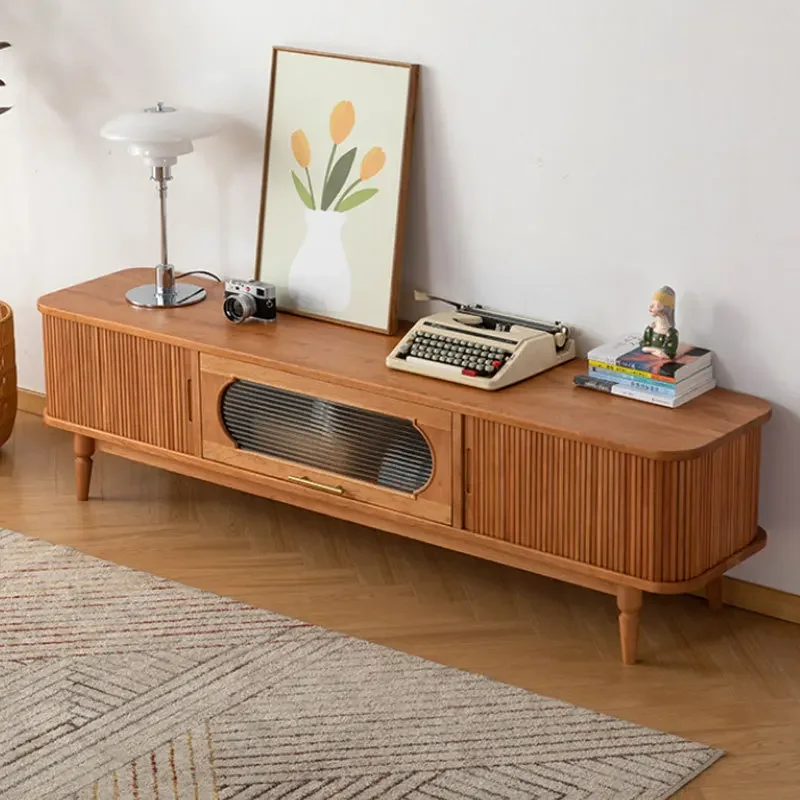 A  Nordic all solid wood TV cabinet modern simple floor rolling shutter door design audio-visual cabinet high-end home