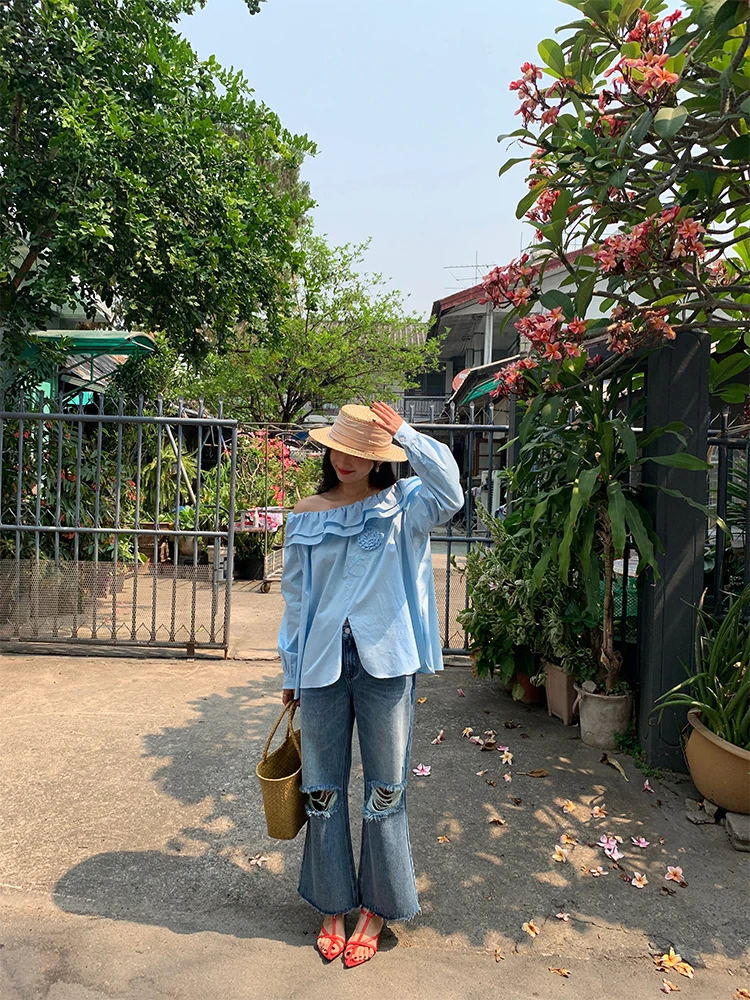 

Blue Lace Trim One oulder Loose Fit Women's irt Spring 2025 Casual Sle Long Sve Pure Cotton Head over irt