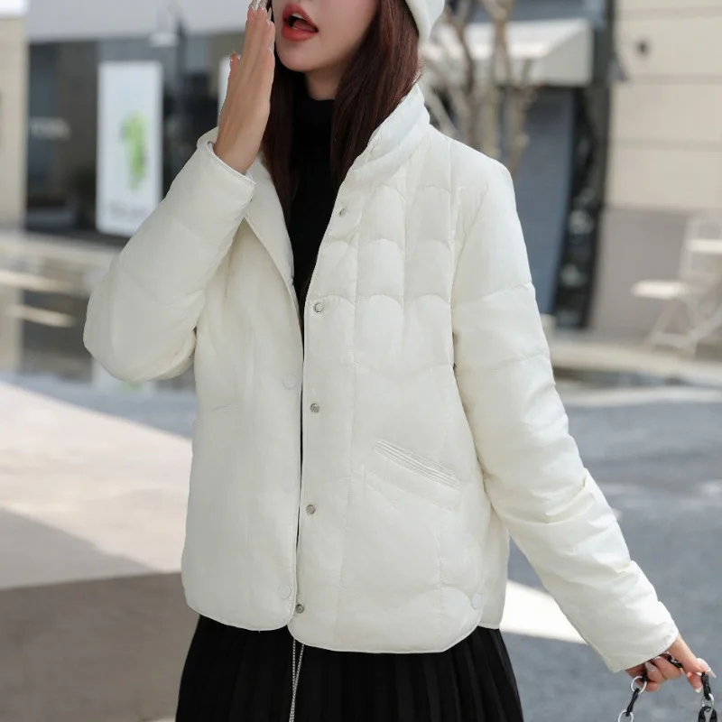 Women's Short Down Quilted Jacket with Stand Collar, Casual Light Puffer Jacket, White Duck Down, Warm, Winter, New