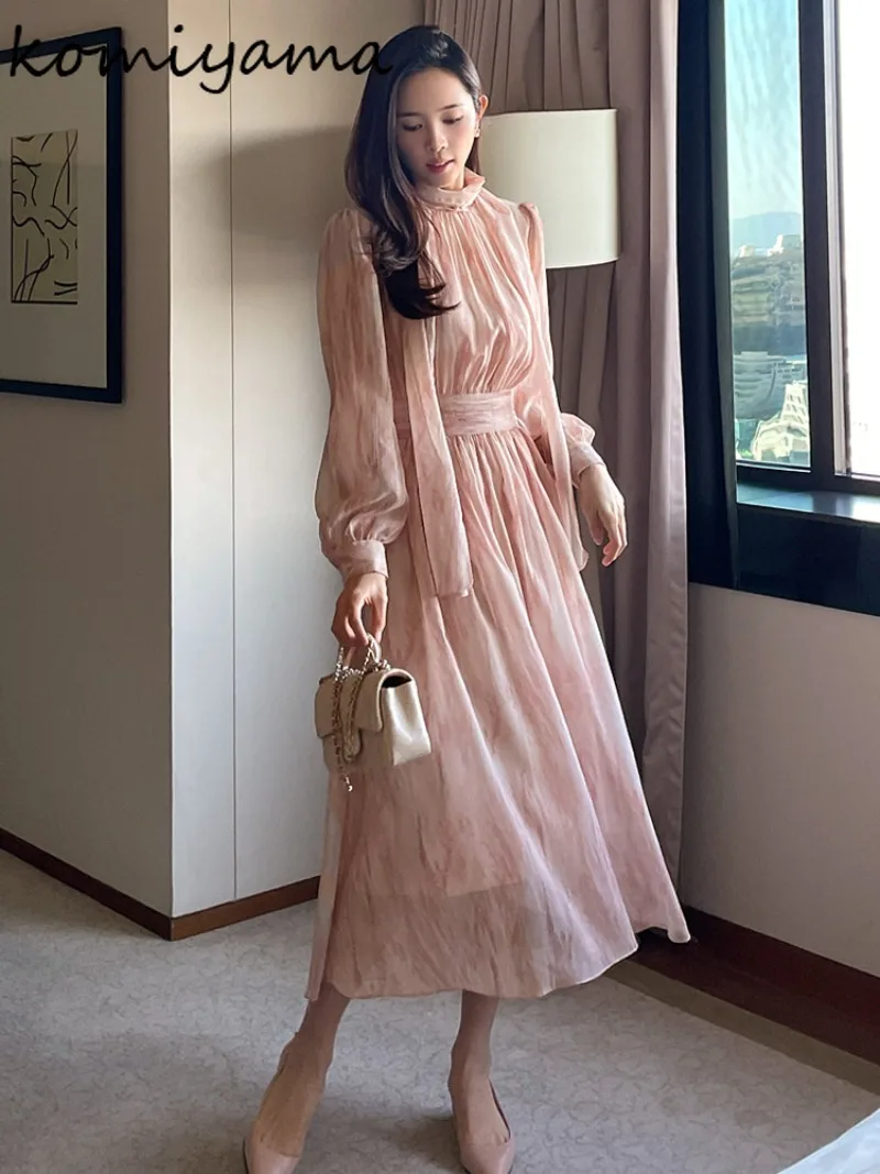 Korean Lac-up Tunic Vestidos Mujer Broken Flower Dress Long Sleeve Vestido Elegant 2024 Woman Dresses Spring Autumn Robes