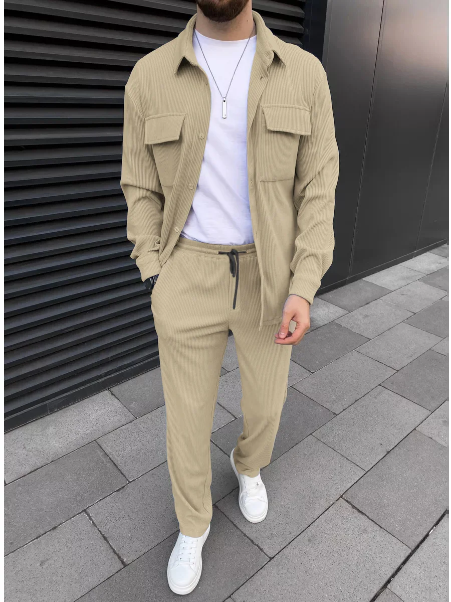 2025 Men's simple new front buckle lapel double pocket long sleeve two-piece casual sports solid color striped fashion comfortab