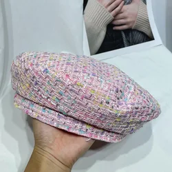 2024 New little fragrant pink beret sweet cute tweed knit painter hat Fashion French travel visor Bud hat