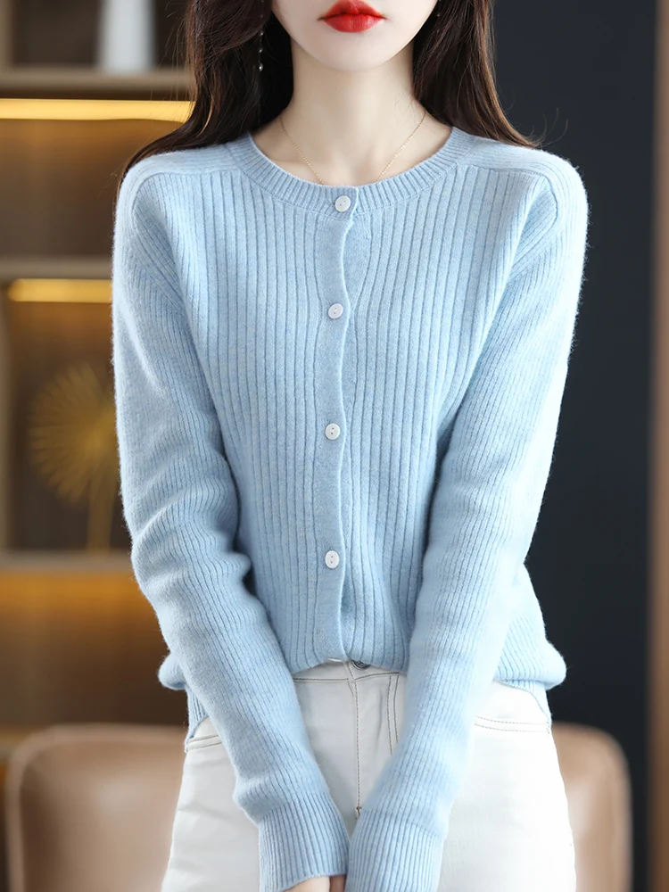 100% Merino Wool Women's Cardigan Sweater Long Sleeve O-Neck Pullover Spring Autumn Knitted Jumper  Slim Fashion Female Shirt