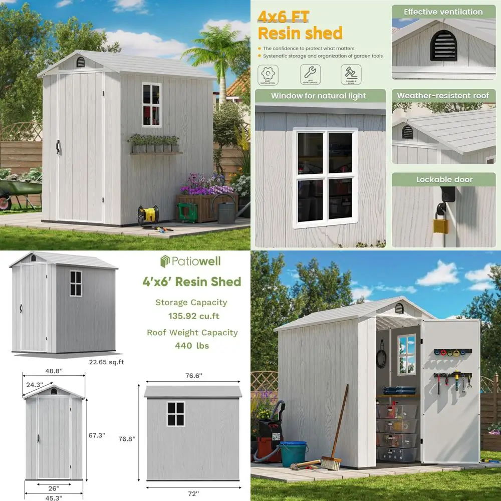 

Пластиковый навес для хранения на открытом воздухе 4x6 футов с наполом, окном и запирающейся дверью для использования в саду