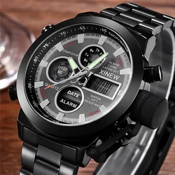 Men Genuine XINEW Brand Watches Fashion Alloy Band Dual Time Sports Chronograph Electronic Watch Reloj Hombre Acero Inoxidable