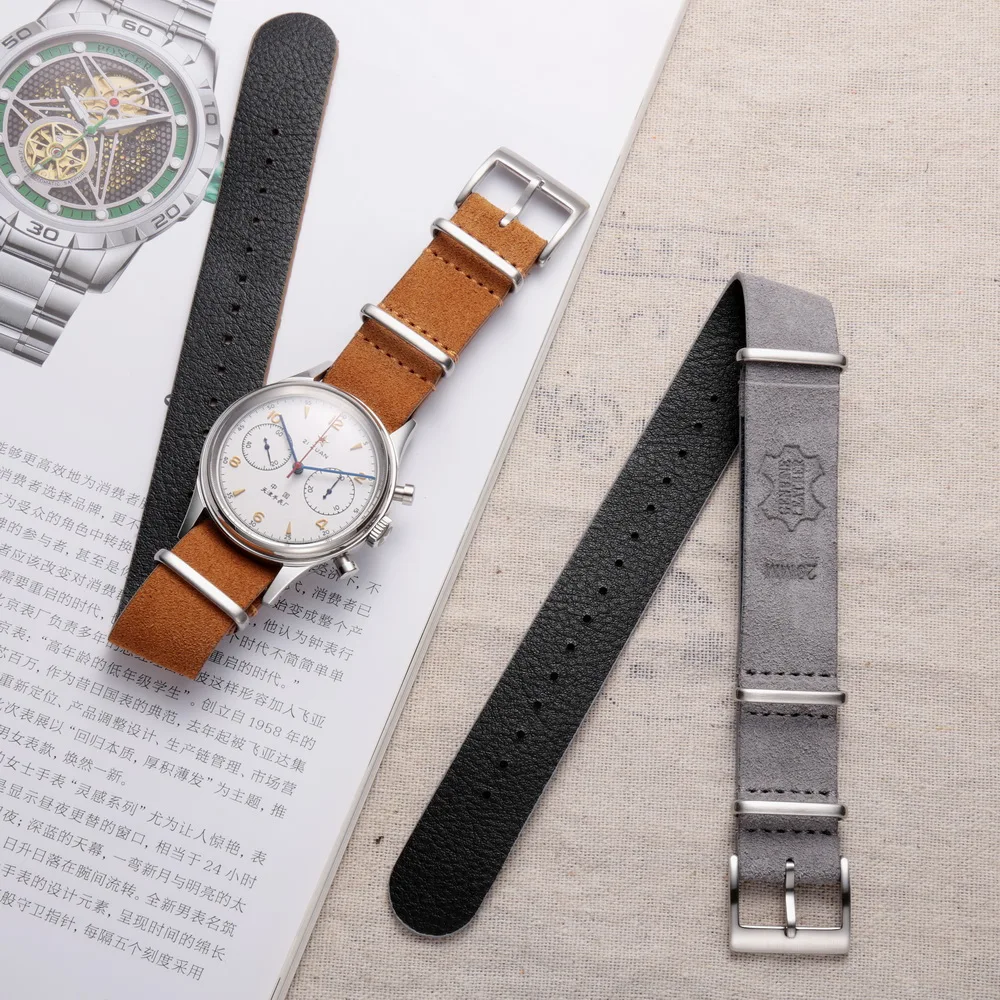 HEMSUT Genuine Leather Watch Band Suede One Piece Style  Military Wrist Strap Vintage 18 20 22mm Replacement Wrap for Men Women