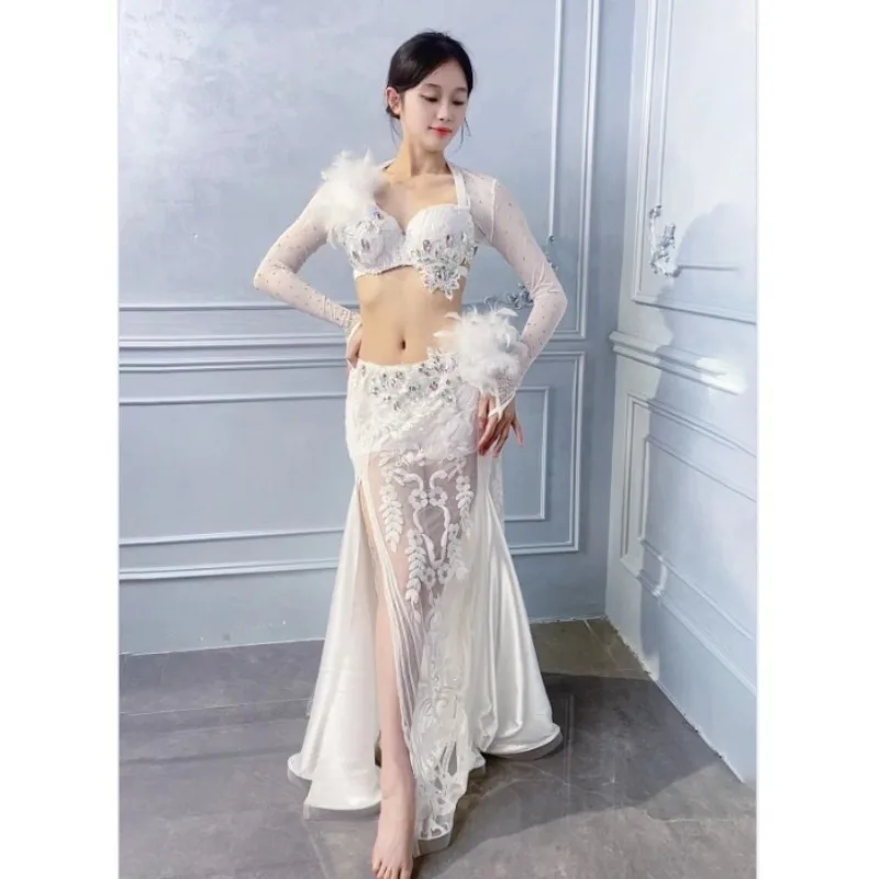 

customized belly dance performance costume practice dress women's 2025 new oriental dance costumes bra top long skirt white