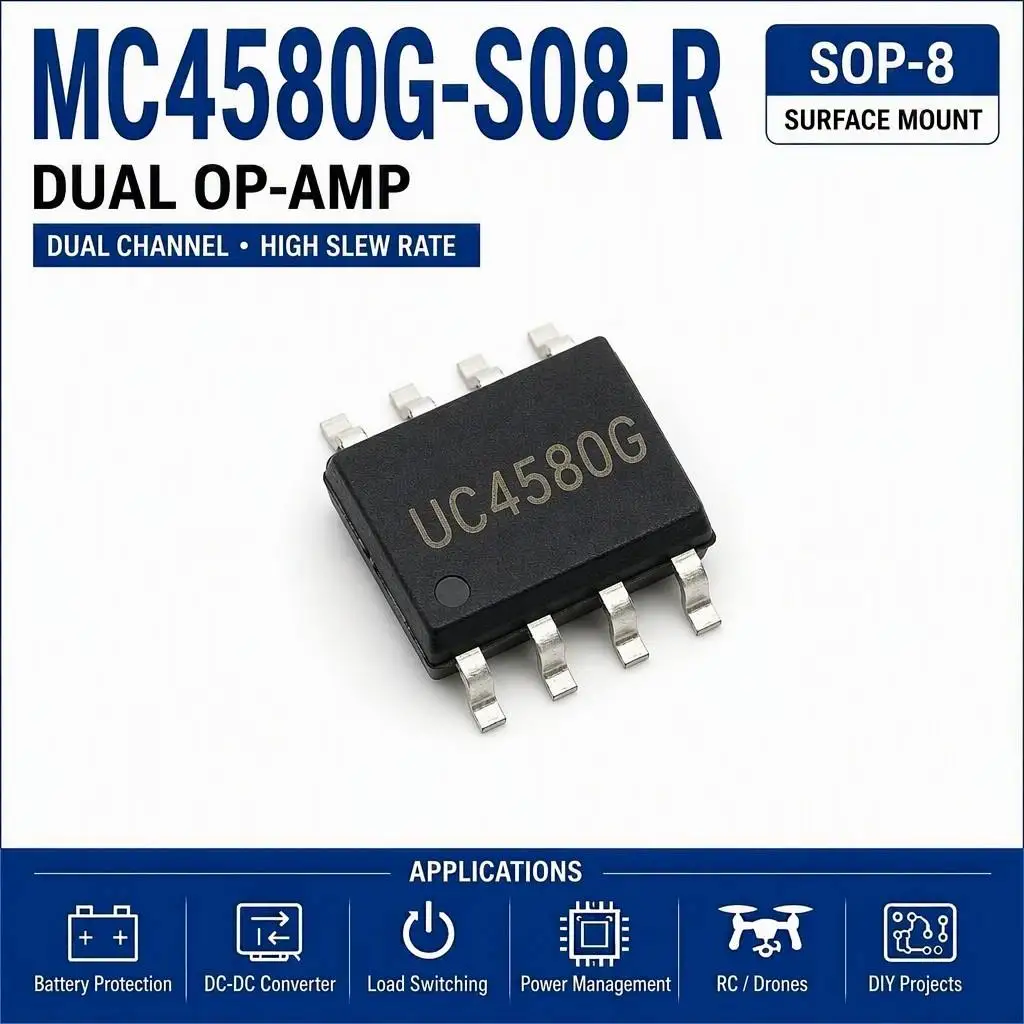 (10 pcs) MC4580G-S08-R SOP-8 (Marking UC4580G) MC4580G - Dual Operational Amplifier 15MHz 5V/us ±2V-±18V