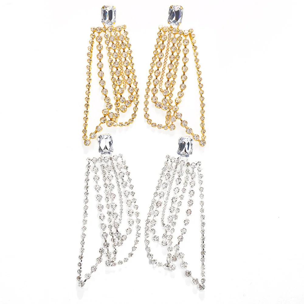 Bridal Tassel Exaggerated Earrings for Women Wedding Accessories Fringe Rhinestone Big Dangle Earrings Fashion Brincos Jewelry