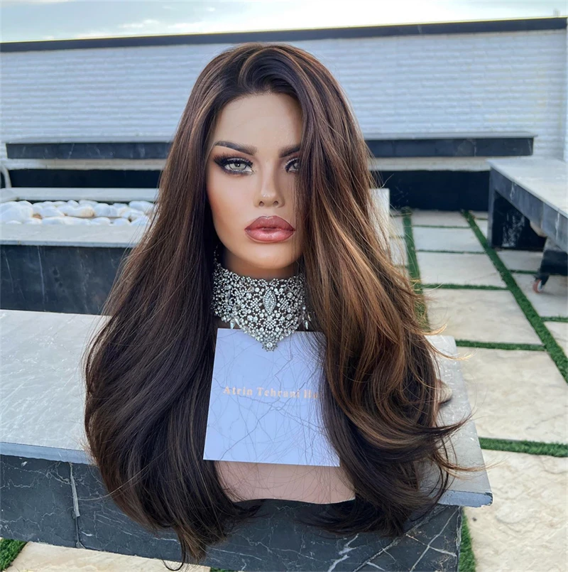 

Ombre Темно-коричневый синтетический HD парик фронта шнурка бесклеевой с детскими волосами Термостойкие свободные части Парики из смеси человеческих волос Синтетические