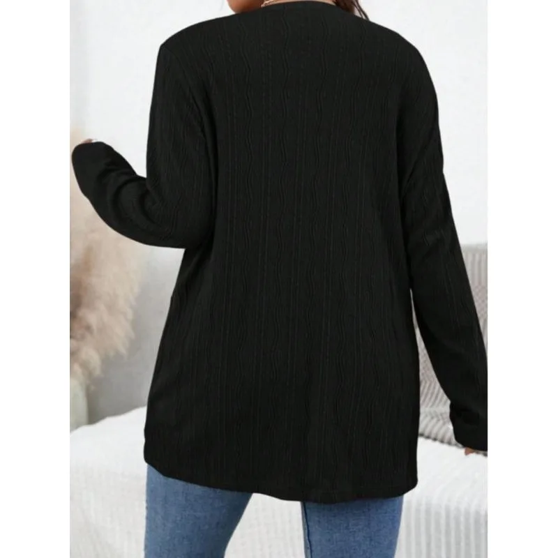 حجم كبير 1XL-5XL المرأة بلون جيب عادية كم طويل سترة مشغولة من الصوف المرأة قاع قميص مفتوح #4