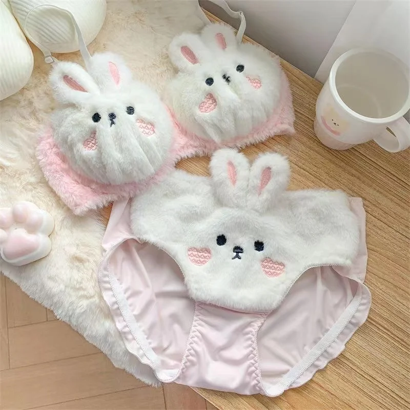 Sexy bra underwear lolita snow velvet fluffy bunny cute rabbit girl suit bra set plus size push up women lingerie with panties