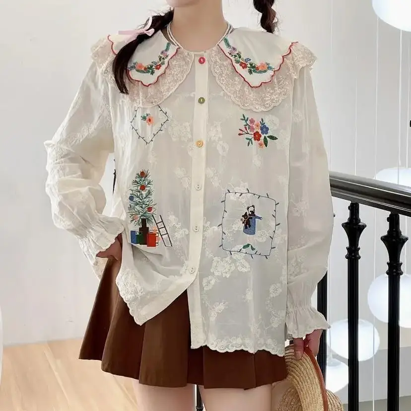 Japan Style Sweet Mori Kei Girls Loose Lace Patchwork Cotton Shirts/Blouses Women Cartoon Embroidery Blouses Tops Female