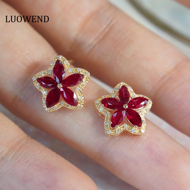 

LUOWEND 18K Yellow Gold Earrings Elegant Flower Design Real Natural Ruby Luxury Diamond Gemstone Stud Earrings for Women