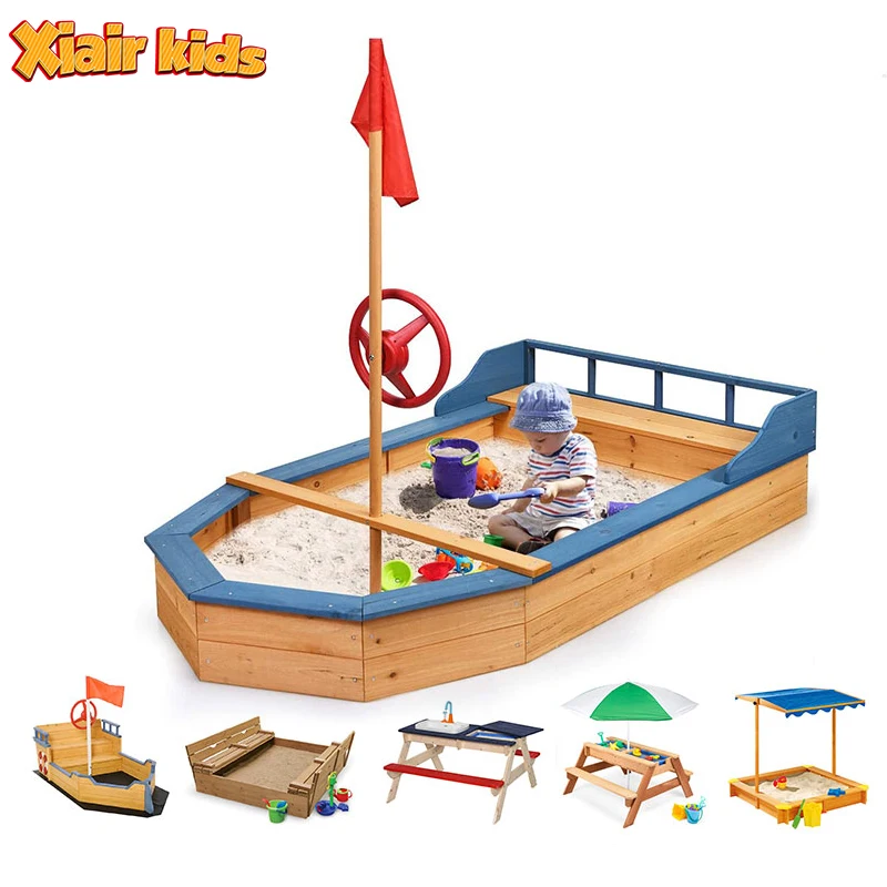 Xiair Children Sandbox Boat-Shaped Pirate Ship Wooden Outdoor Sandbox Bottom Padded Backyard Home Lawn Garden Beach