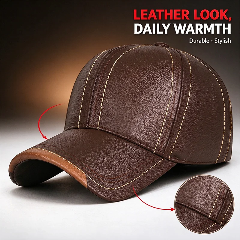 Men Winter PU Leather Baseball Dad Cap, Windproof Fleece Lined Thick Stitch Grain Warm Hat for Outdoor Commute
