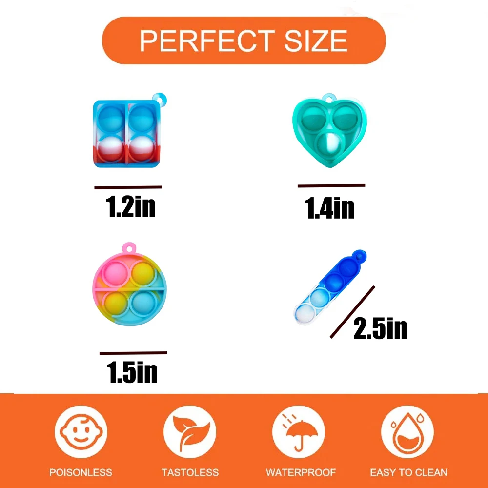 24Pcs Toddler Pop Fidget Toys 4 Shape Keychain Fidgets Packs Autism Stress Sensory Toys Party Favors