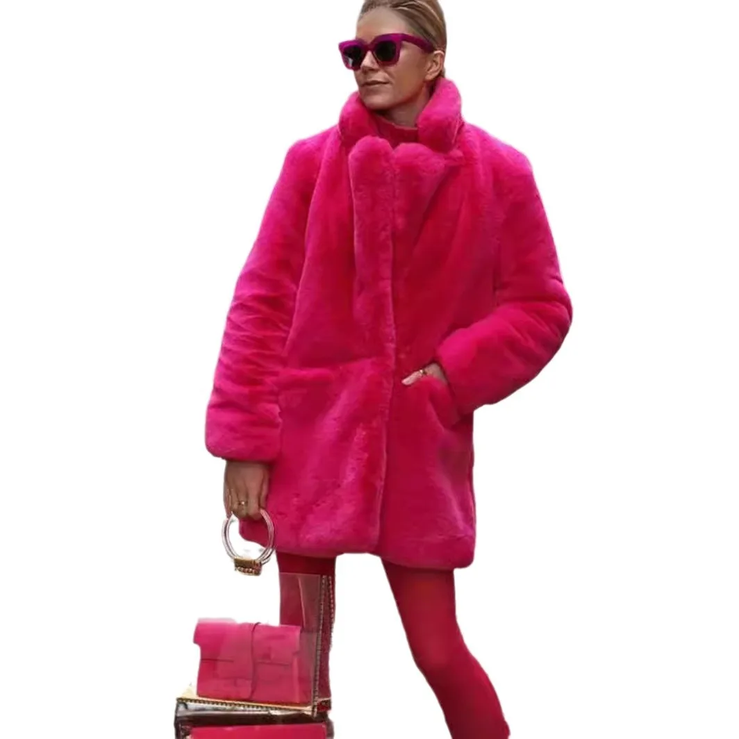 New Colorful Faux Fur Plush Warm Loose Thick Lapel Women's Coat 5