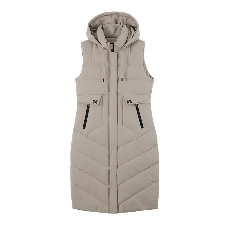 2024 Fashion Winter Long Vest Woman Outerwears Hooded Elegant Thick Warm Winter Jackets Coat Female Sleeveless Down Cotton Parka