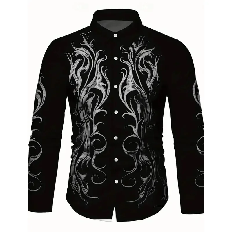 Men's Silver Grey Vine Flame Dark Pattern Print Long Sleeve Shirt Lapel Button Tops For Street Punk Daily Casual Occasion