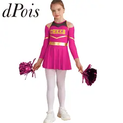 Kids Cheer Dance Outfits School Girls Cheerleading Uniforms Children Long Sleeve Leotard Dress with Hand Flowers for Cosplay