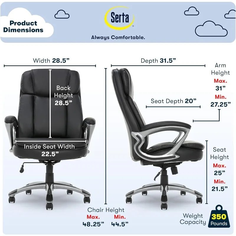 Serta Fairbanks Big and Tall High Back Executive Office Ergonomic Gaming Computer Chair with Layered Body Pillows,