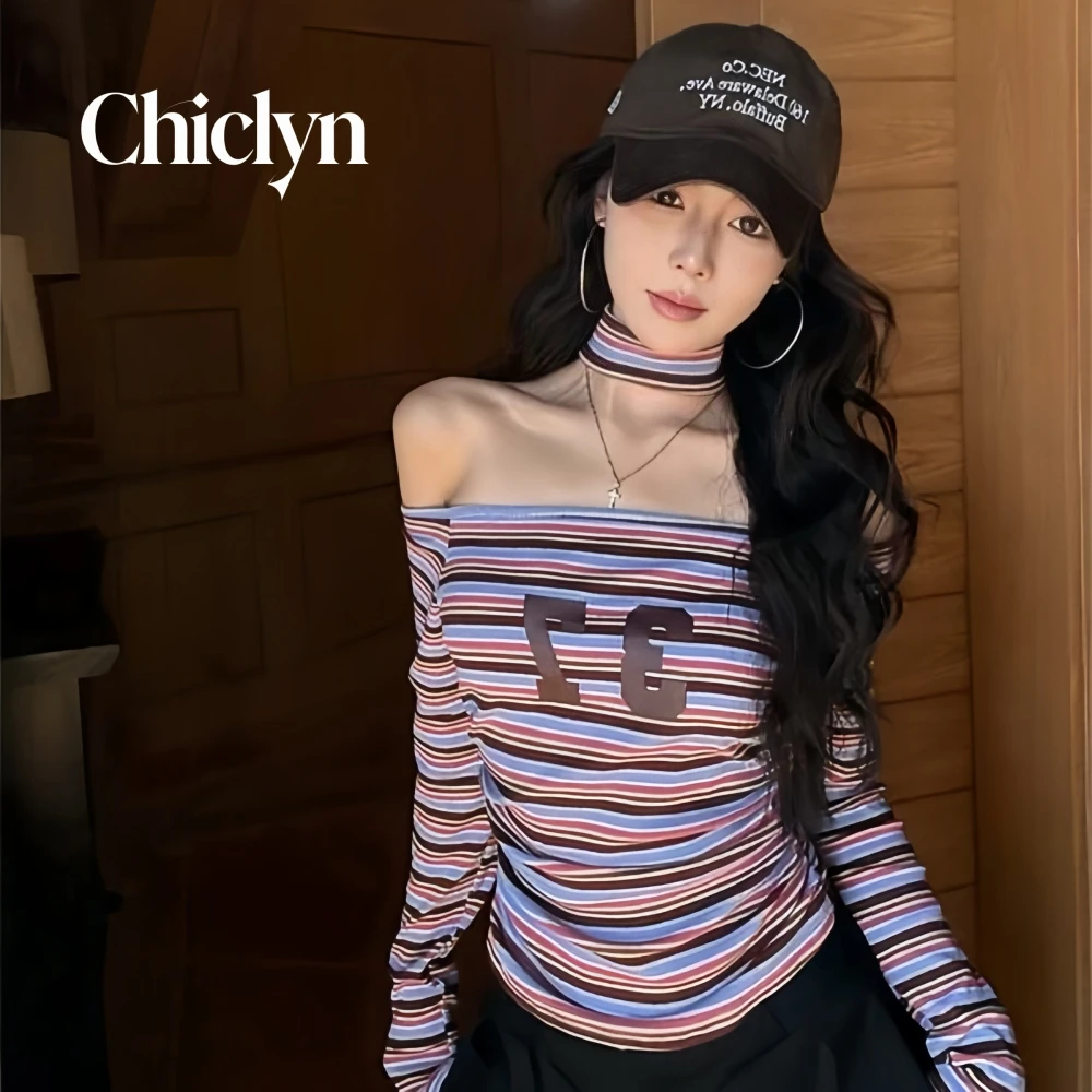 Street Style Retro Hot Girl One Shoulder Stripe Print T-Shirt Design Slimming Top for Trendy Women