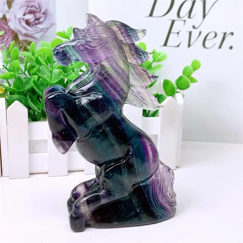 

Natural Rainbow Fluorite Horse Carving Statue Carved Crafts Animal Polished Healing Figurine Home Ornament DIY Gift