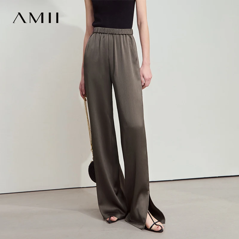 Amii Minimalist Casual Wide-leg Pants for Women 2025 Summer New Solid Rubber Band Waist Pleated Satin Loose Trousers 12542041