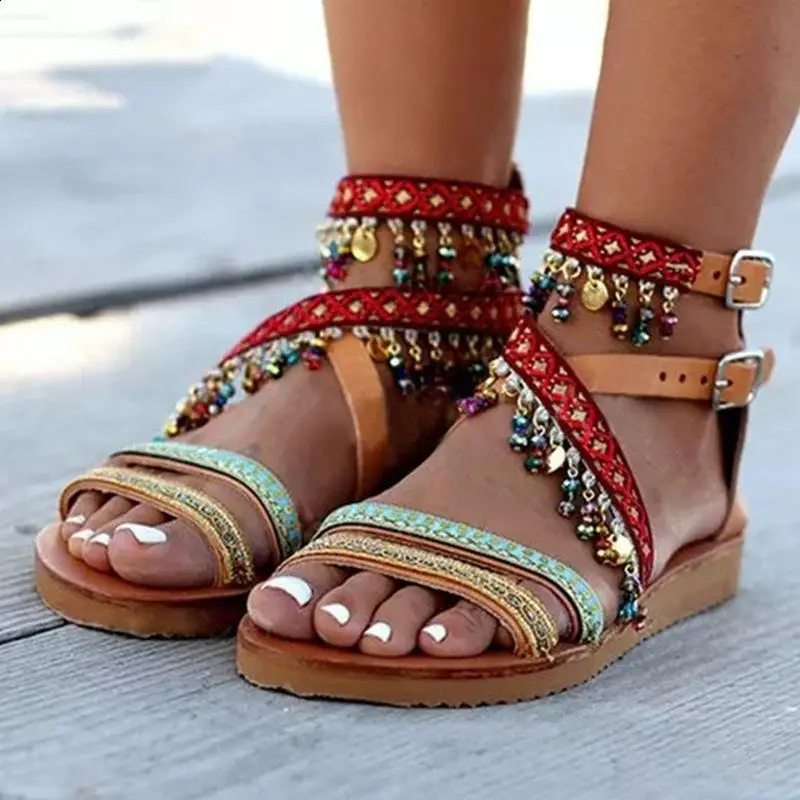 Fashion Womens Shoes 2024 Female Sandal Large Size Luxury New Girls Big Bohemian Flat Multicolored Comfort Buckle Strap Fabric S