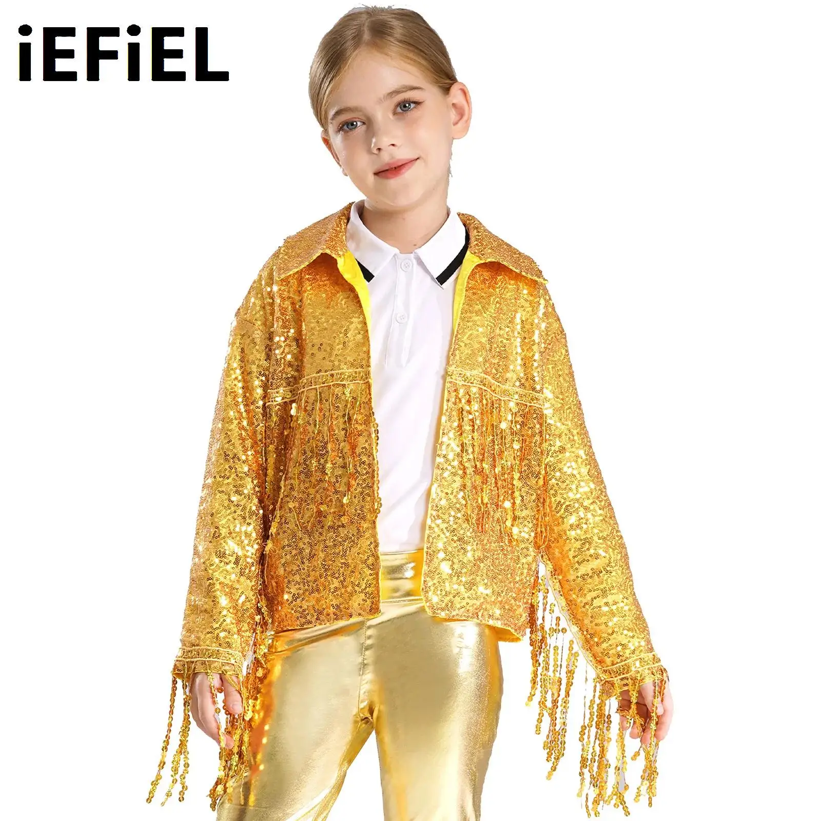 

Kids Girls Sequin Tassel Jacket Sparkly Birthday Party Stage Performance Costume Long Sleeve Open Front Coat Outwear