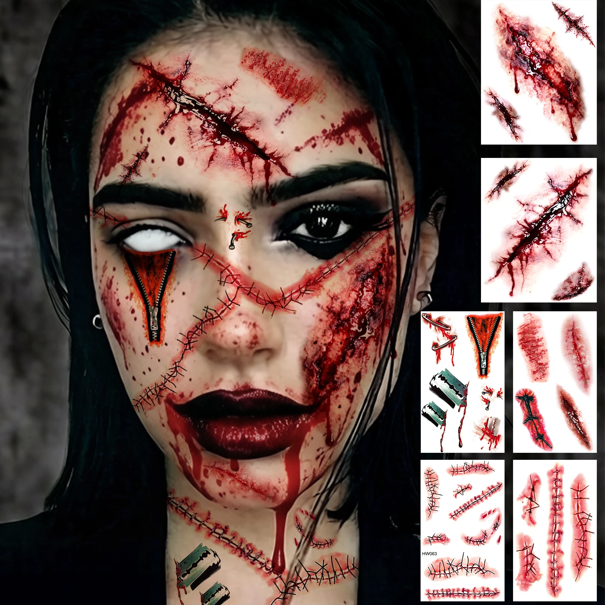 6 Sheets Halloween Face Bloody Scratches Wound Tatoos Temporary Tatoos Sticker, Waterproof Durable Realistic Fake Tatoos Sticker