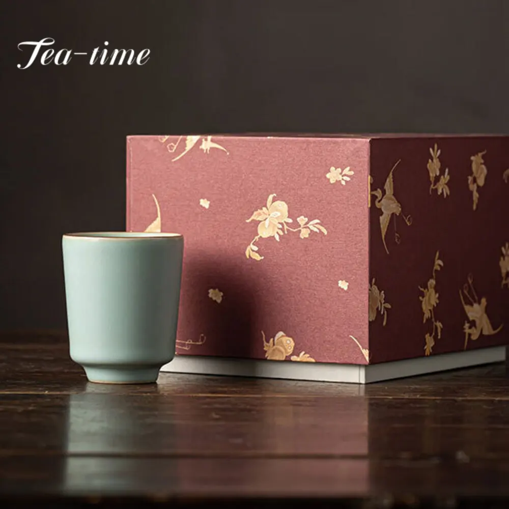 70ml Creative Azure Ru Kiln Porcelain Tea Cup Chinese Imitation Song Master Cup Japanese Horseshoe Mug Tea Tasting Cup Gift Box