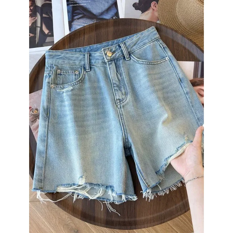Women's Retro Straight Denim Shorts Loose Ripped Casual 5-Point Pants