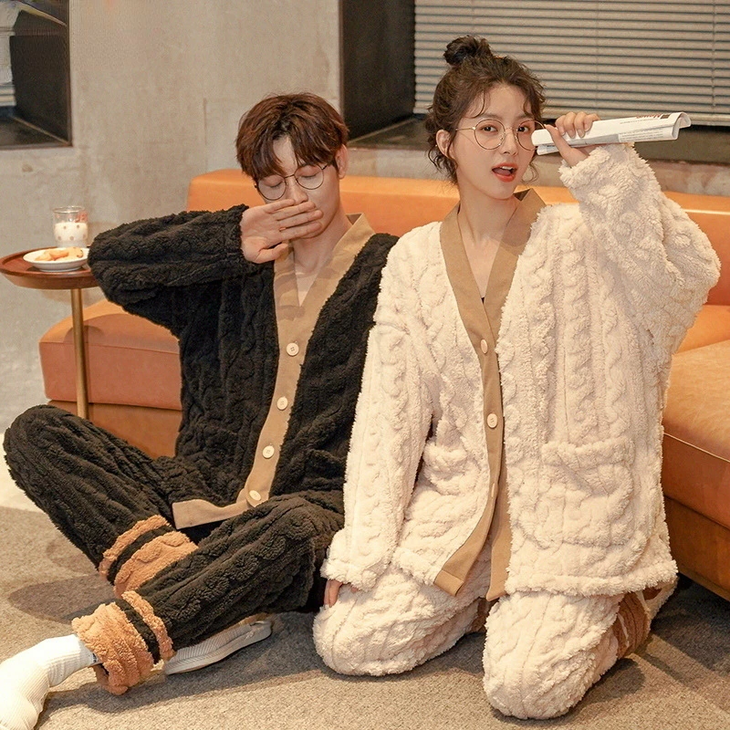 Winter Couple Sleepwear Warm Pajama Sets Flannel Coral Velvet Loungewear Sleepwear for Sleeping Cardigan Pants Two-piece Suits