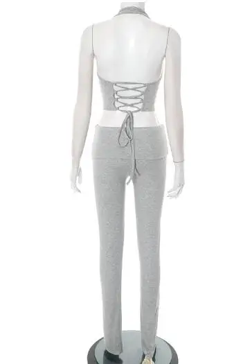 Chaleco con cordones y cuello halter para mujer y pantalones de pierna recta Chándal de 2 piezas Conjunto de detalles con cordones en la espalda de tela acanalada elegante