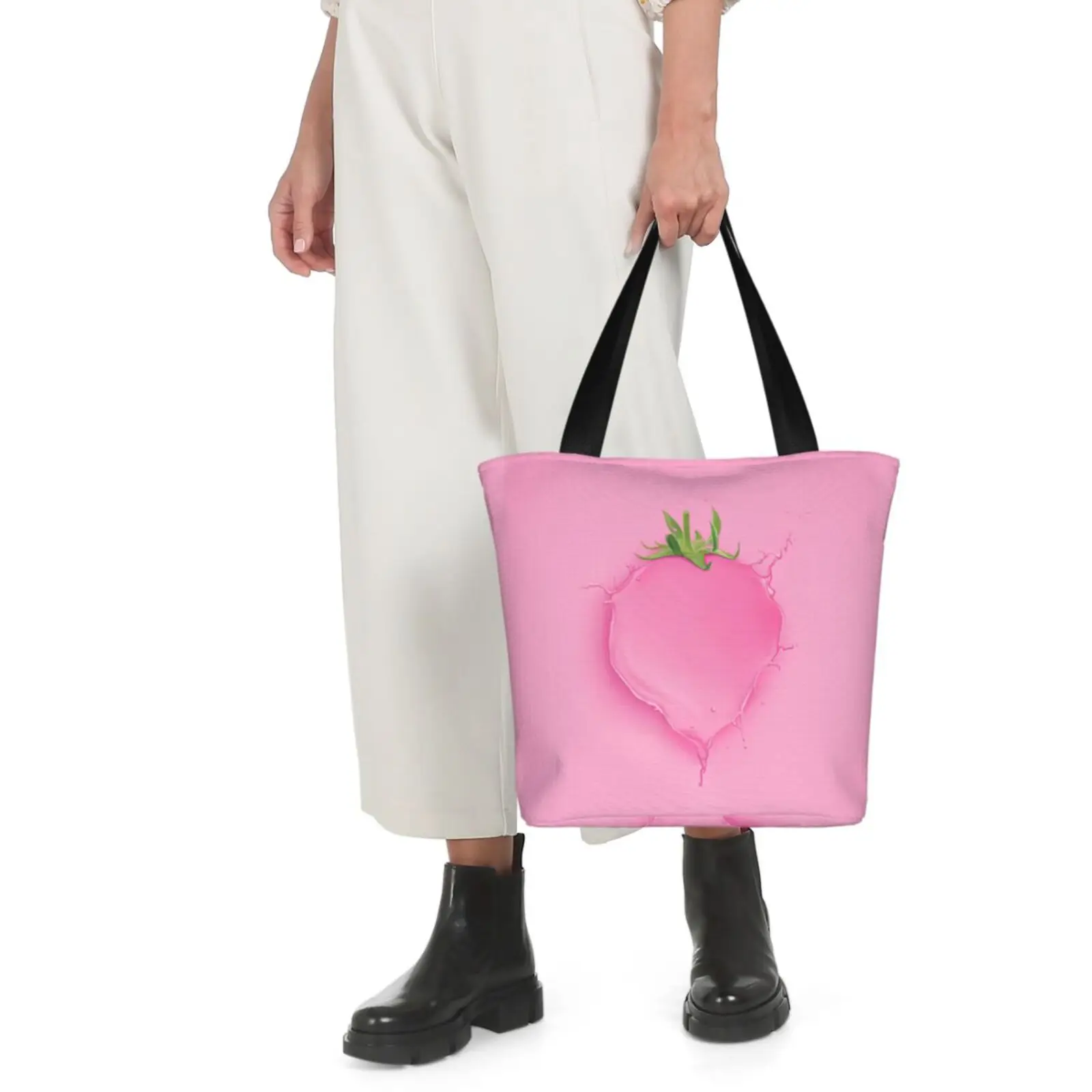 

Pink Strawberry Tote Bag Single Shoulder Shopping Grocery Bags Oxford Canvas Fashion Handbag with Zipper Women Worship Gift Girl