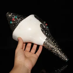 Decorative Handmade Nepal Tibetan Old Silver A Tibet Buddhism Silver Inlay Gem Turquoise Shell Conch Horn Trumpet Statue#3