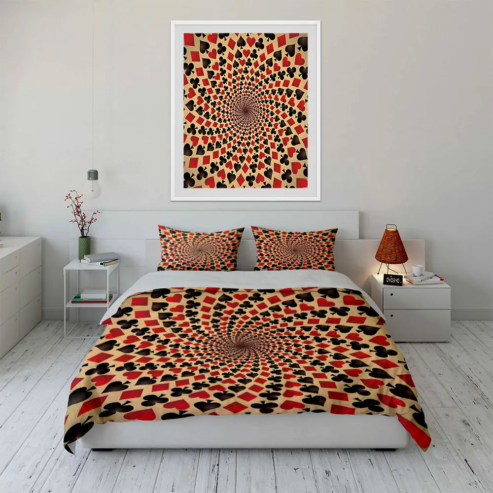 

3Pcs Playing Card Suits Bedding Set, Poker Hearts Spades Clubs Diamonds Tunnel Print Duvet Cover + 2 Pillowcases, great gift