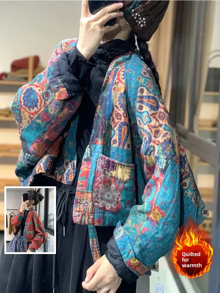 

Warm Cotton Jaet Outerwear Large Size Women's Fce Lined Printed Long Sve V-ne Open Cardigan Winter Casual Wear